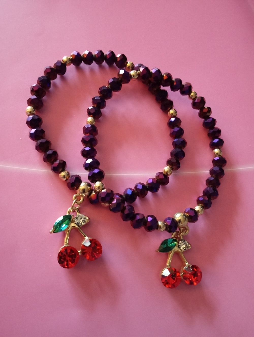 PURPLE AURORA BOREALIS CRYSTAL CHERRY CHARM BRACELETS SET OF TWO OFFERS WELCOME